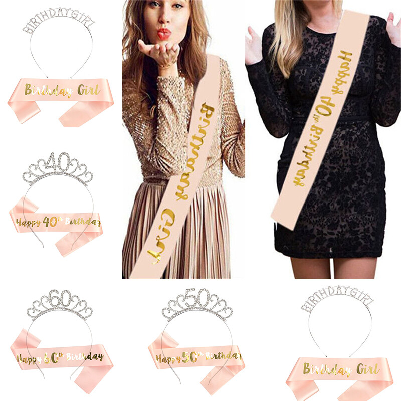Girl Women Headband Rose Gold Rhinestone Party Crown Sash Birthday Tiara