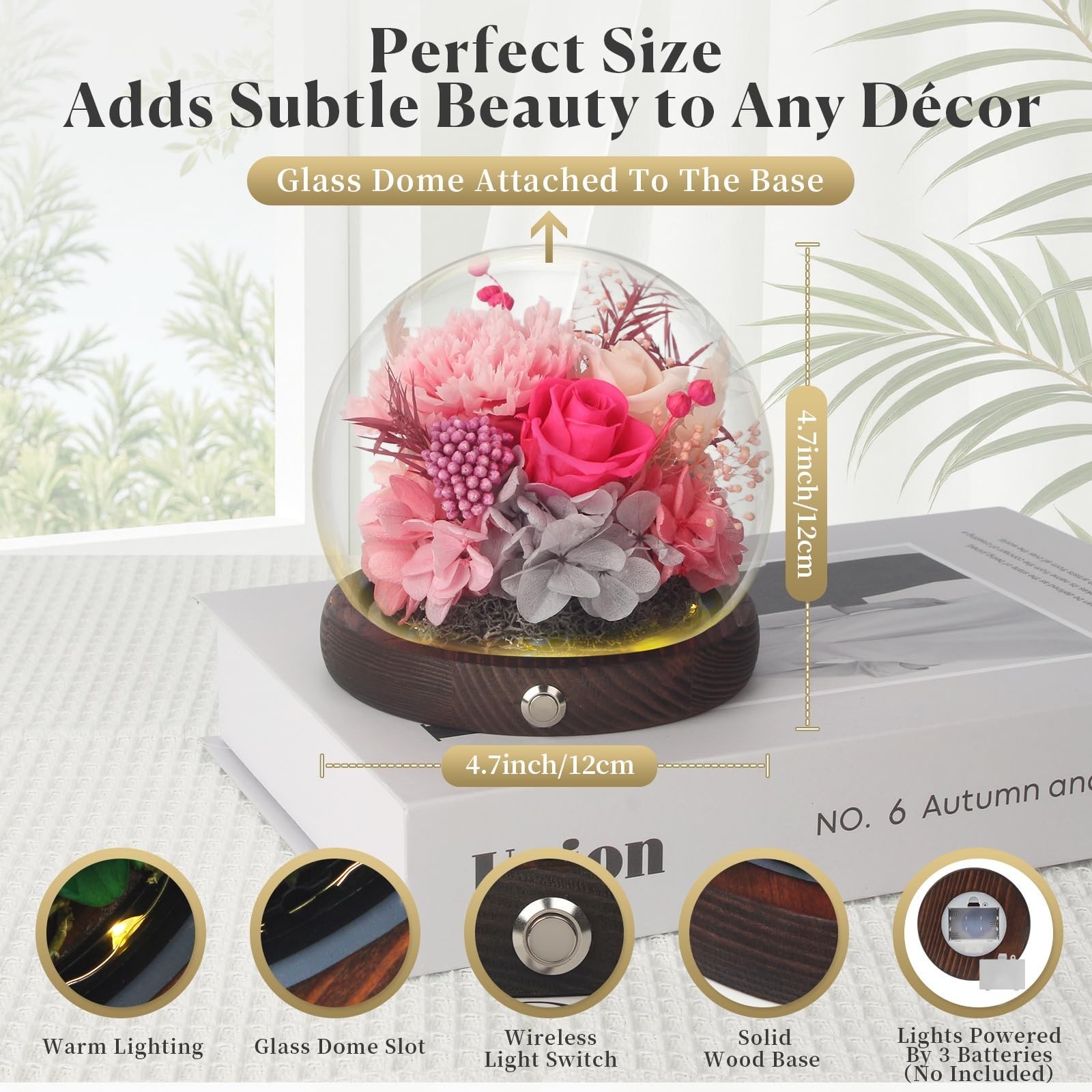 Gifts for Mom, Pink Preserved Flowers with Carnations and Roses in Glass Dome…