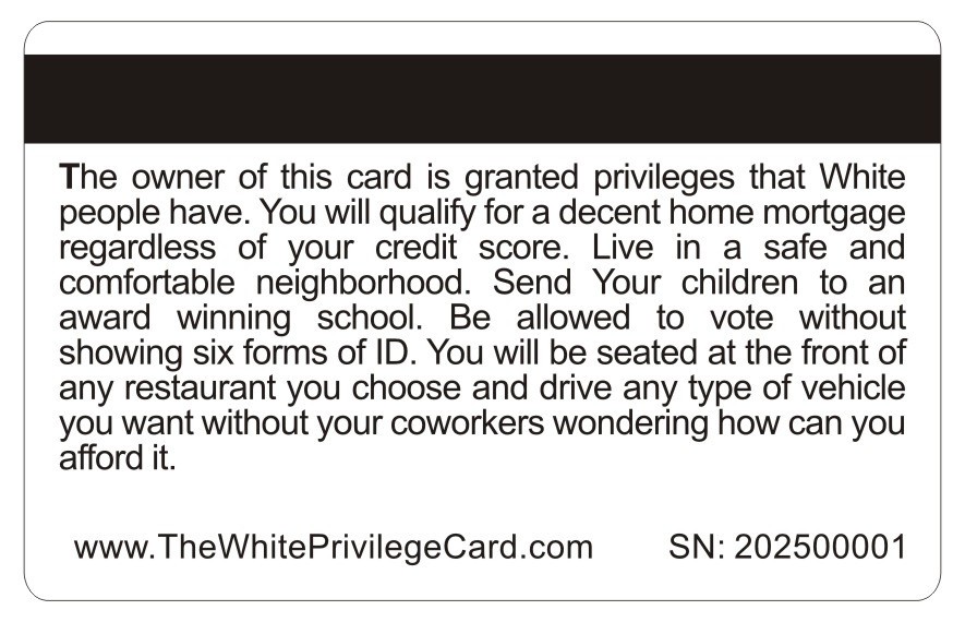 Privilege of the Whites. Funny Fake Bankcard (8 COUNT). Free Shipping