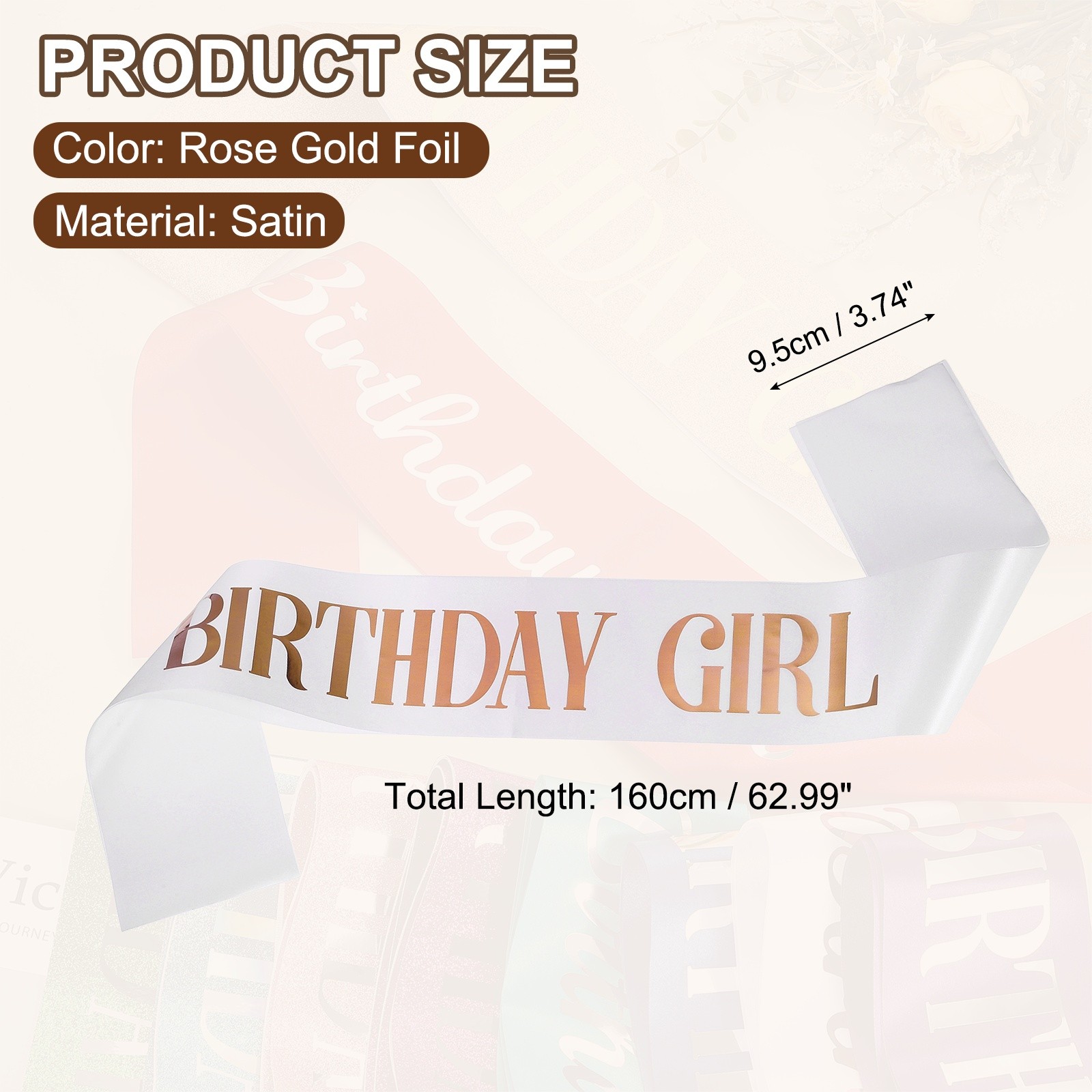 Birthday Girls Sash with Pin Rose Gold Foil Lettering for Birthday Party, White