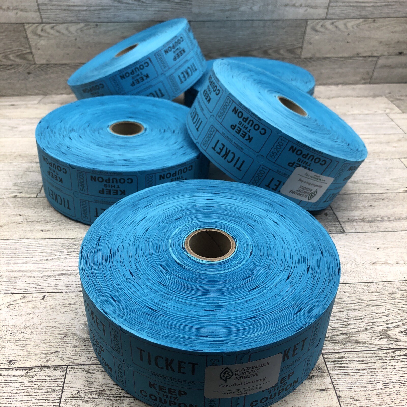 INDIANA TICKET CO. 10,000 Blue CONSECUTIVELY Numbered Raffle Tickets. 5 Rolls