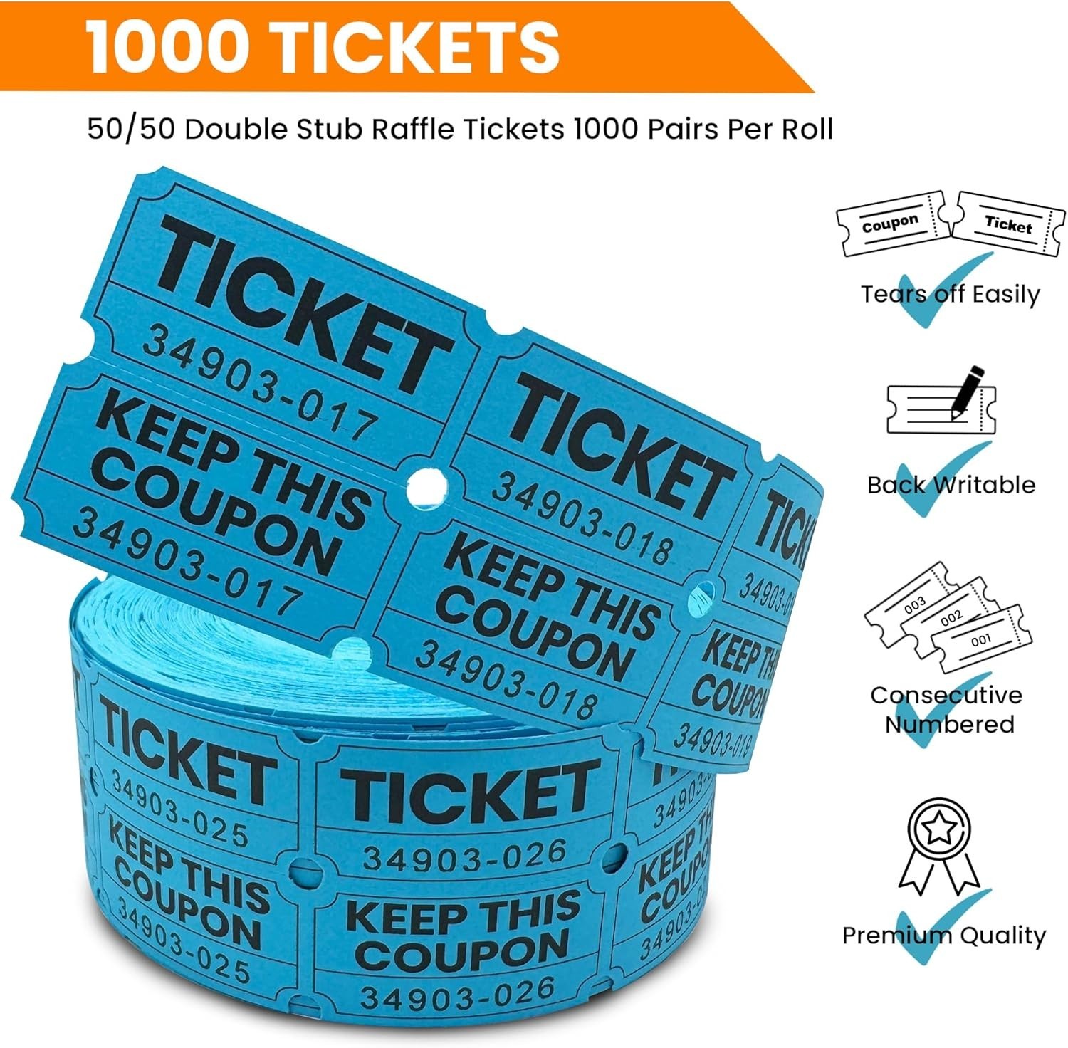 2000 Pcs 1000 Pairs Raffle Tickets Double Roll, 50/50 Blue Raffle Tickets for…