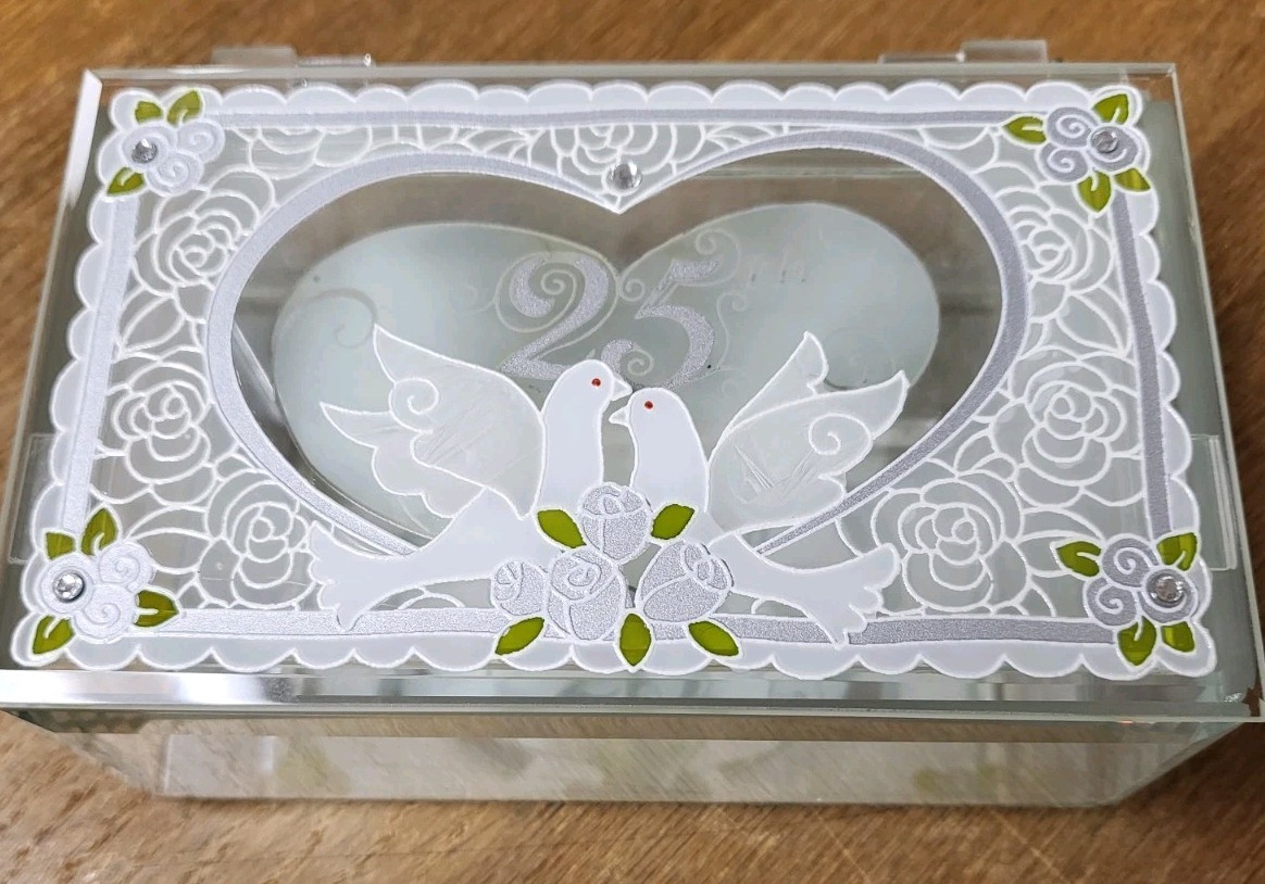 Glass Jewellery Box, Trinket Box, 25th Silver Anniversary Both Of You Doves