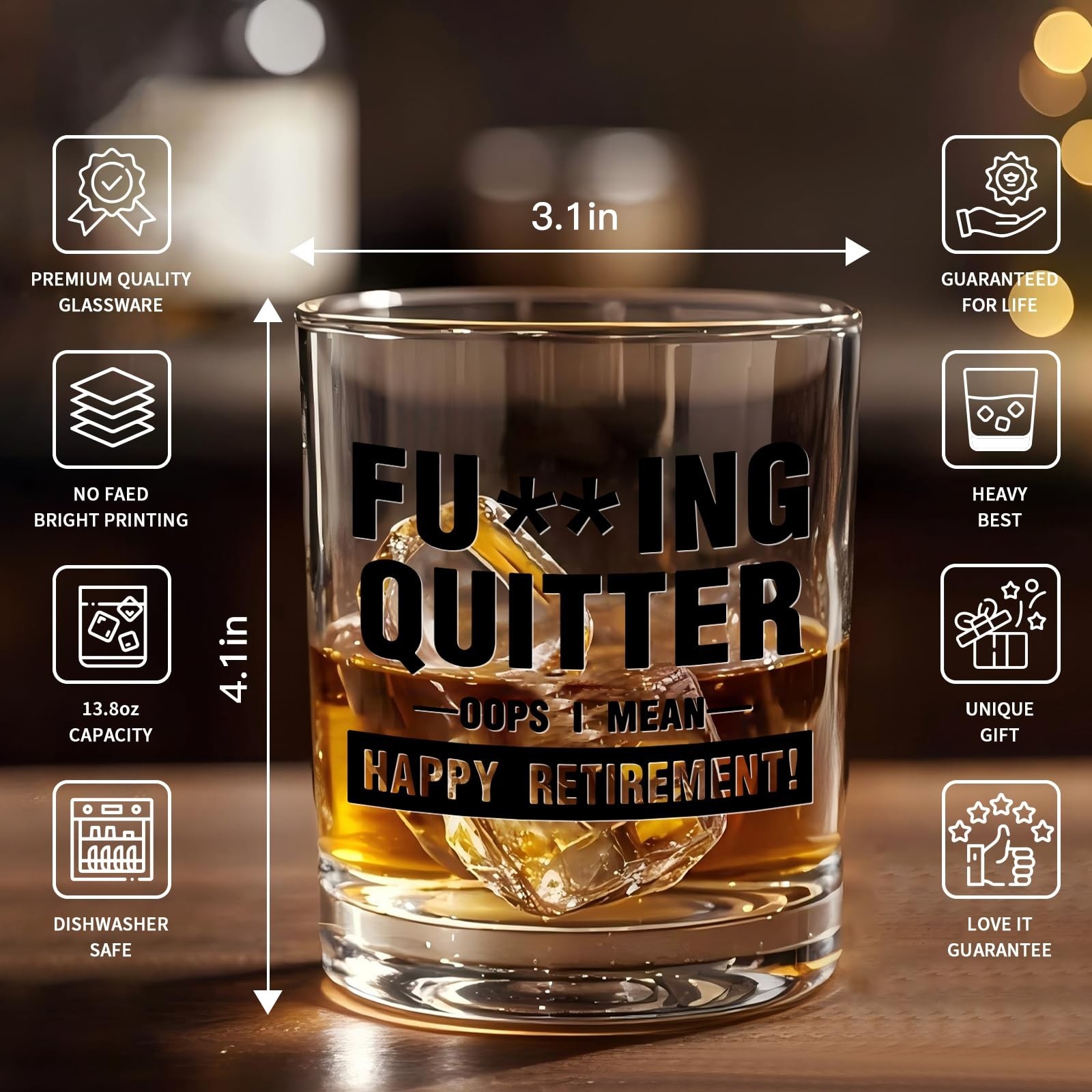 comfit 2026 Retirement Gift for Men Whiskey Glass–13.8oz F cking Quitter O
