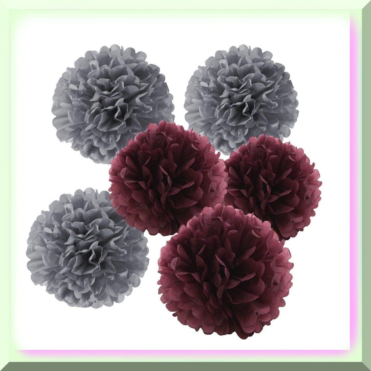 12 Grey and Burgundy Tissue Paper Pom Poms
