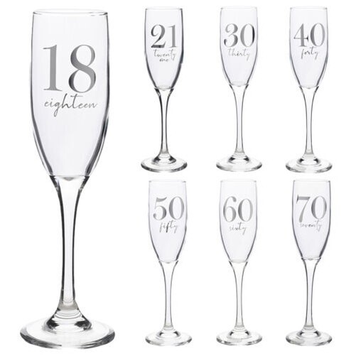 Birthday Champagne Flute Glass with Silver Detail – Choose Age