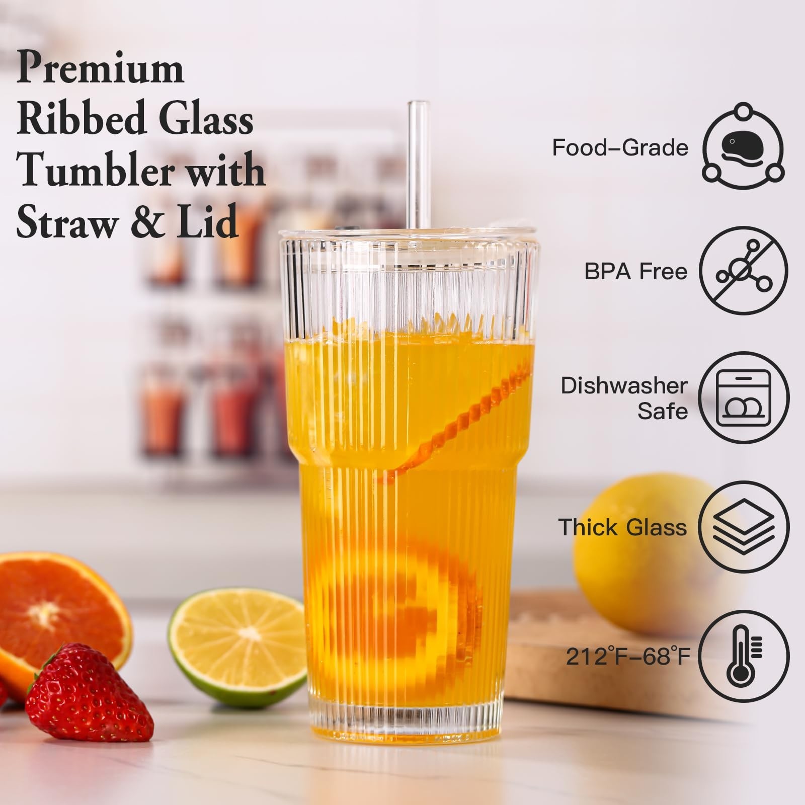 4PCS Ribbed Glass Cups with Lids and Straws, 20oz Vintage Drinking Glasses, A…