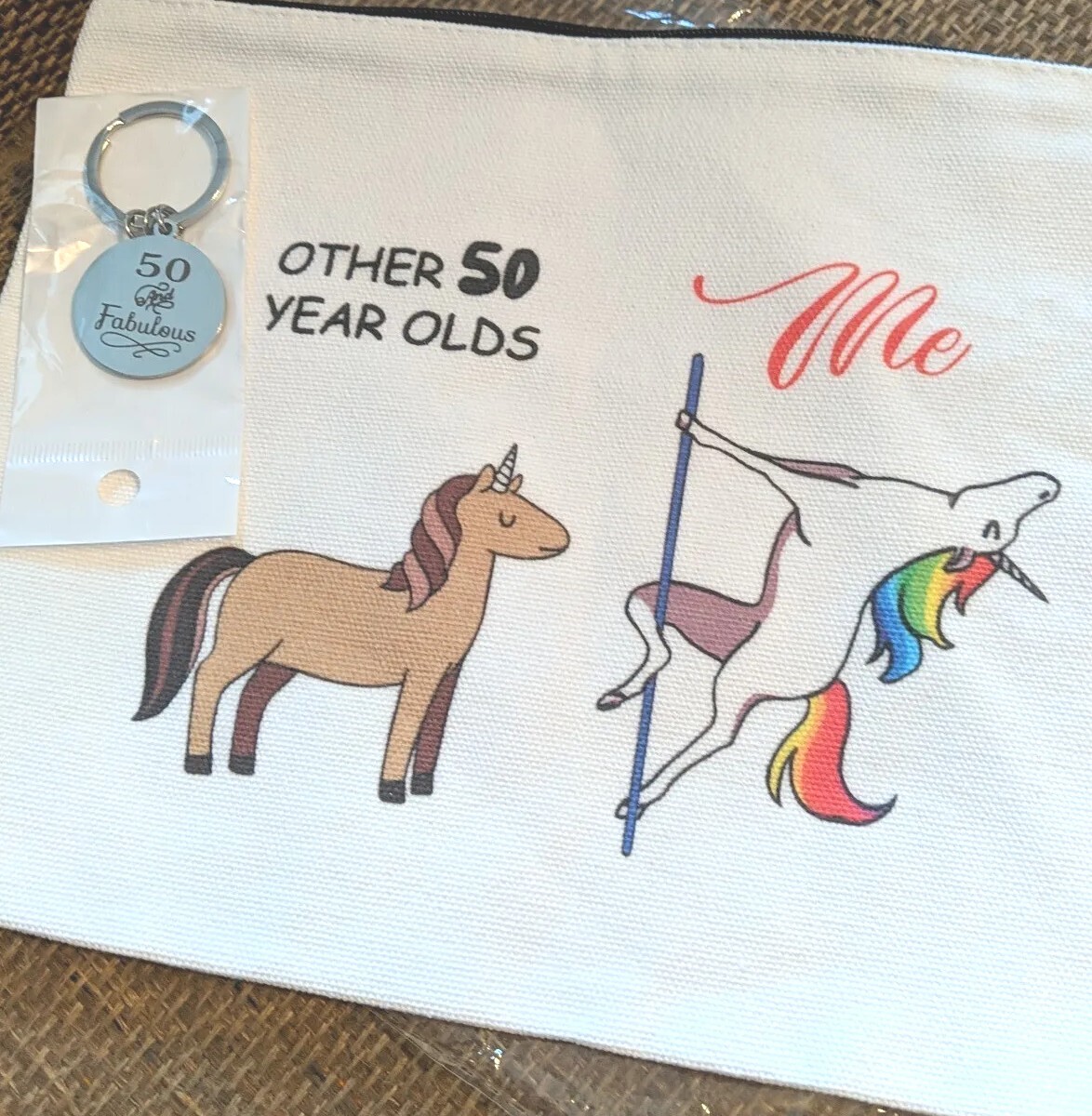 50th Birthday Makeup Bag & Key chain Set UNICORN (Rainbow) Fabulous gift