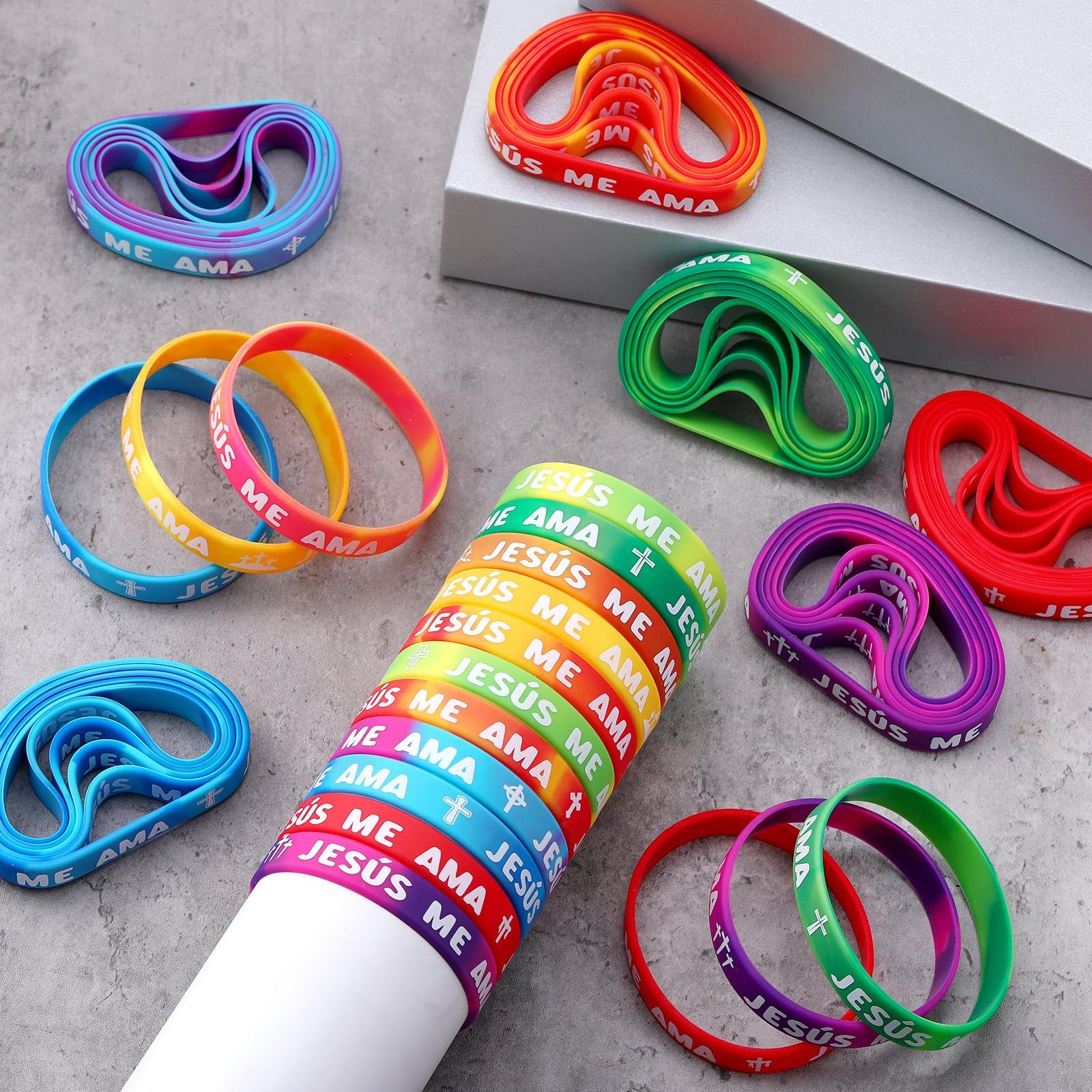 150 Pcs Spanish Jesus Loves Me Wristbands Bulk 10 Styles Rainbow Jesus Me Ama…