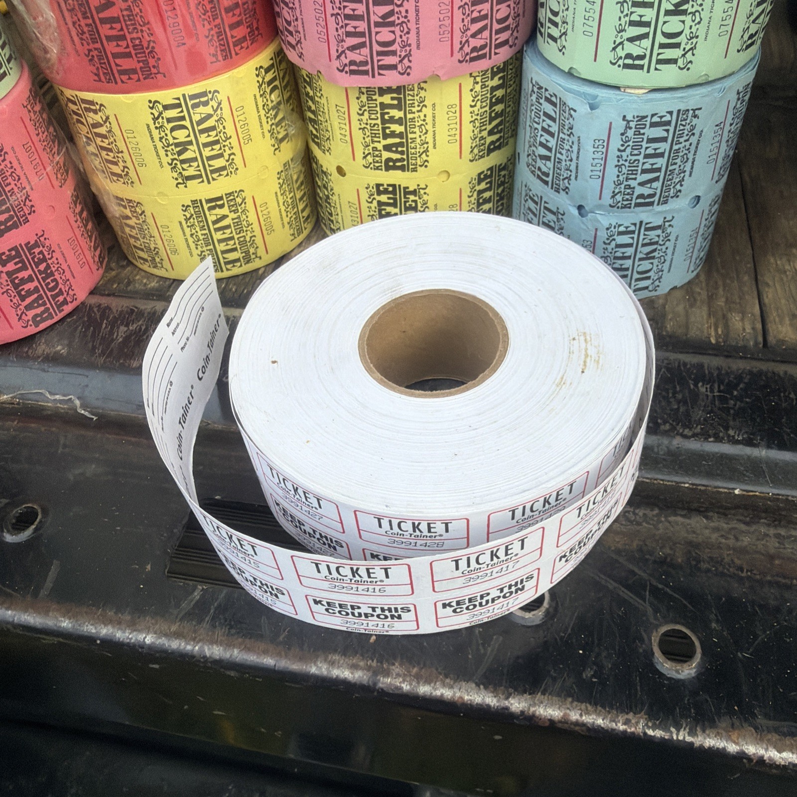 Rolls of double raffle tickets.