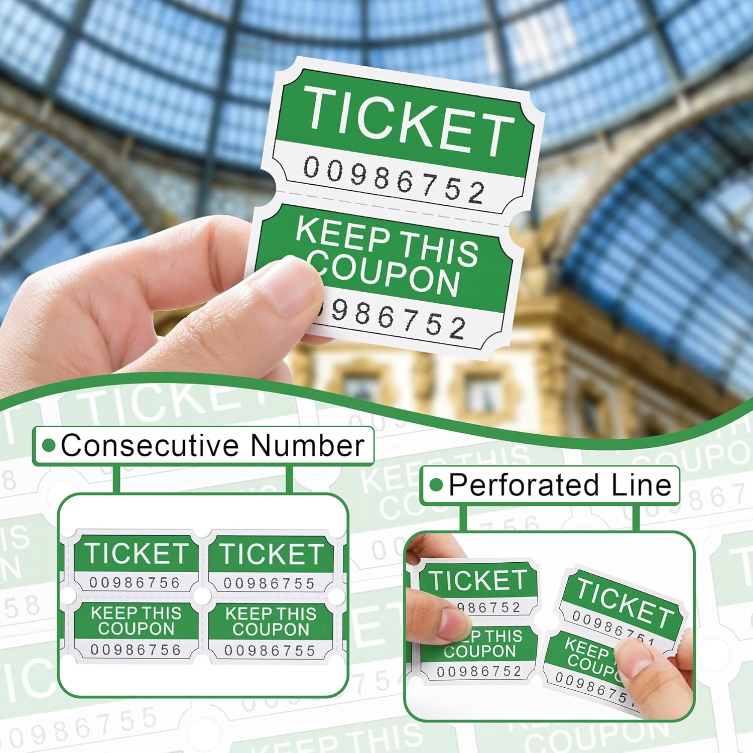 250 Raffle Tickets Roll Green Double Stub Consecutive Number Event Tickets