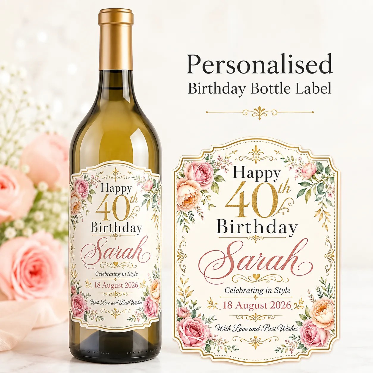 Personalised 40th Birthday Bottle Label Sticker Custom Wine Champagne Gift