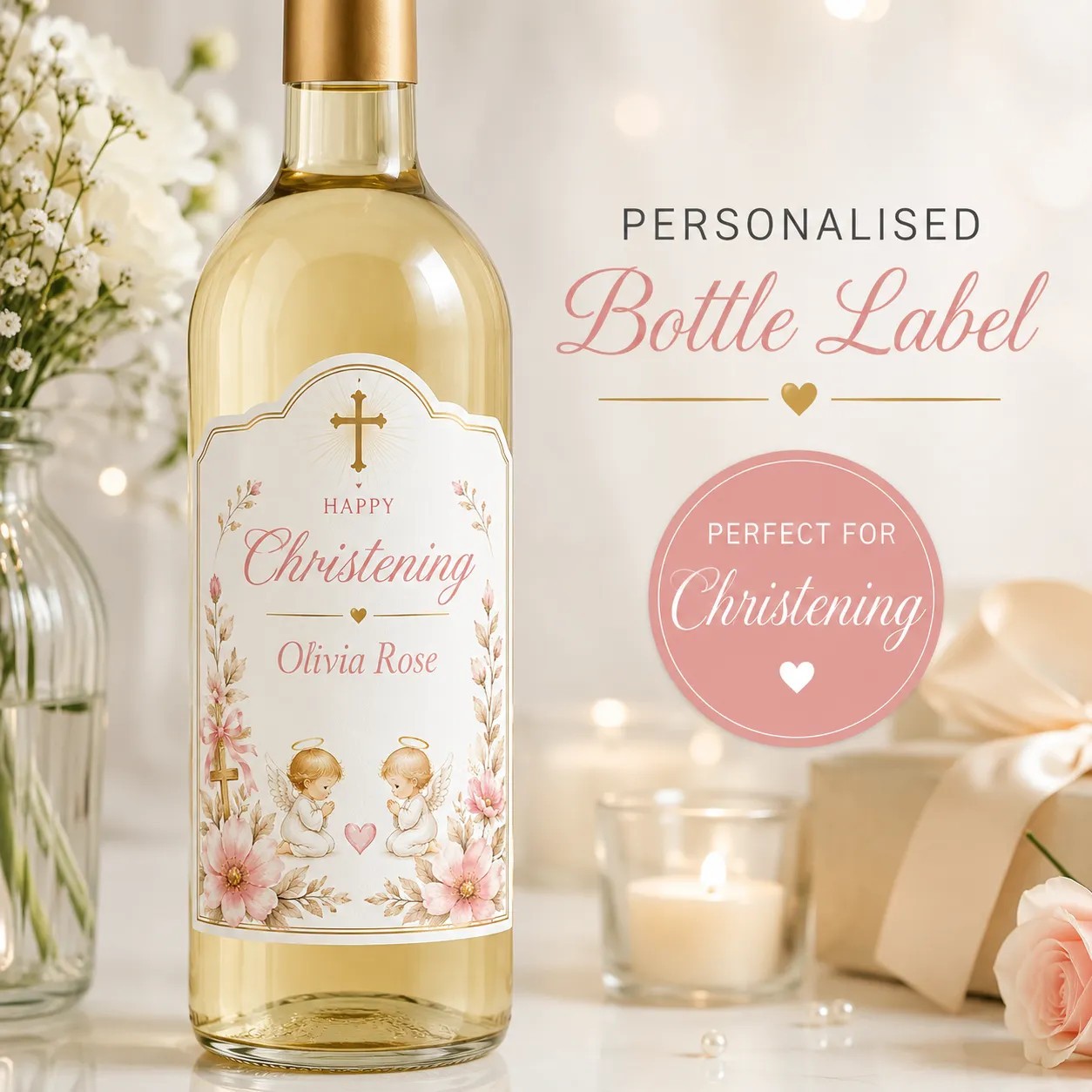 Personalised Christening Bottle Label Sticker Custom Name Gift Celebration