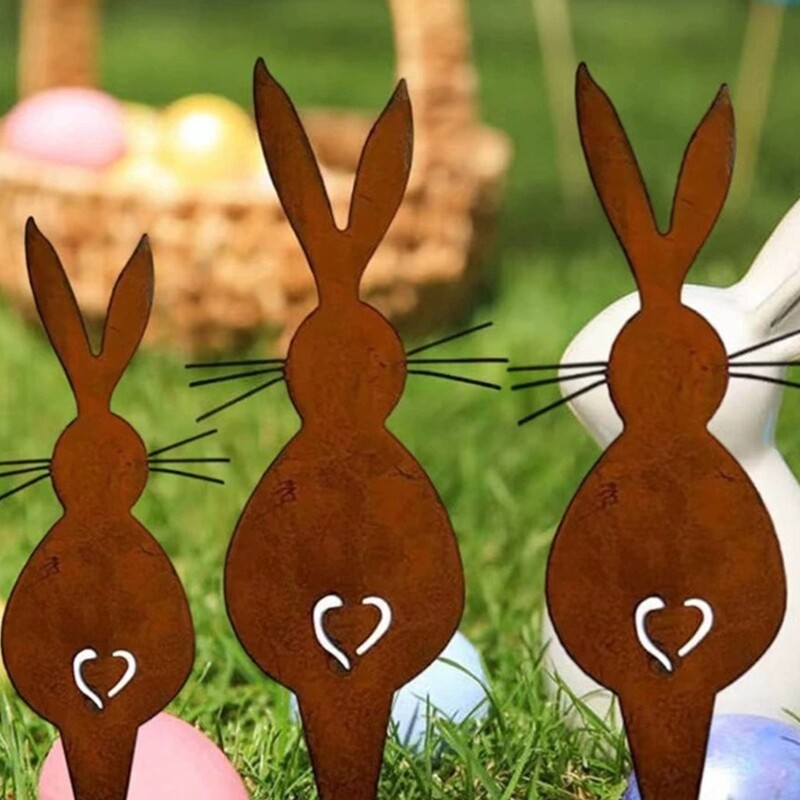 Rusty Stake Rabbit Shaped Statue for Spring Outdoor Sculpture Decoration