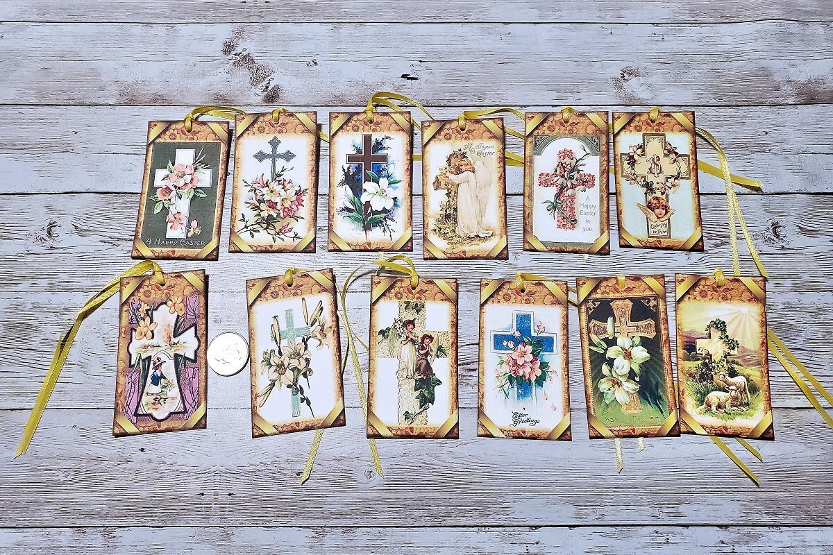 12~Easter~Vintage~Victorian~Cross~Linen Cardstock~Gift~Hang~Tags