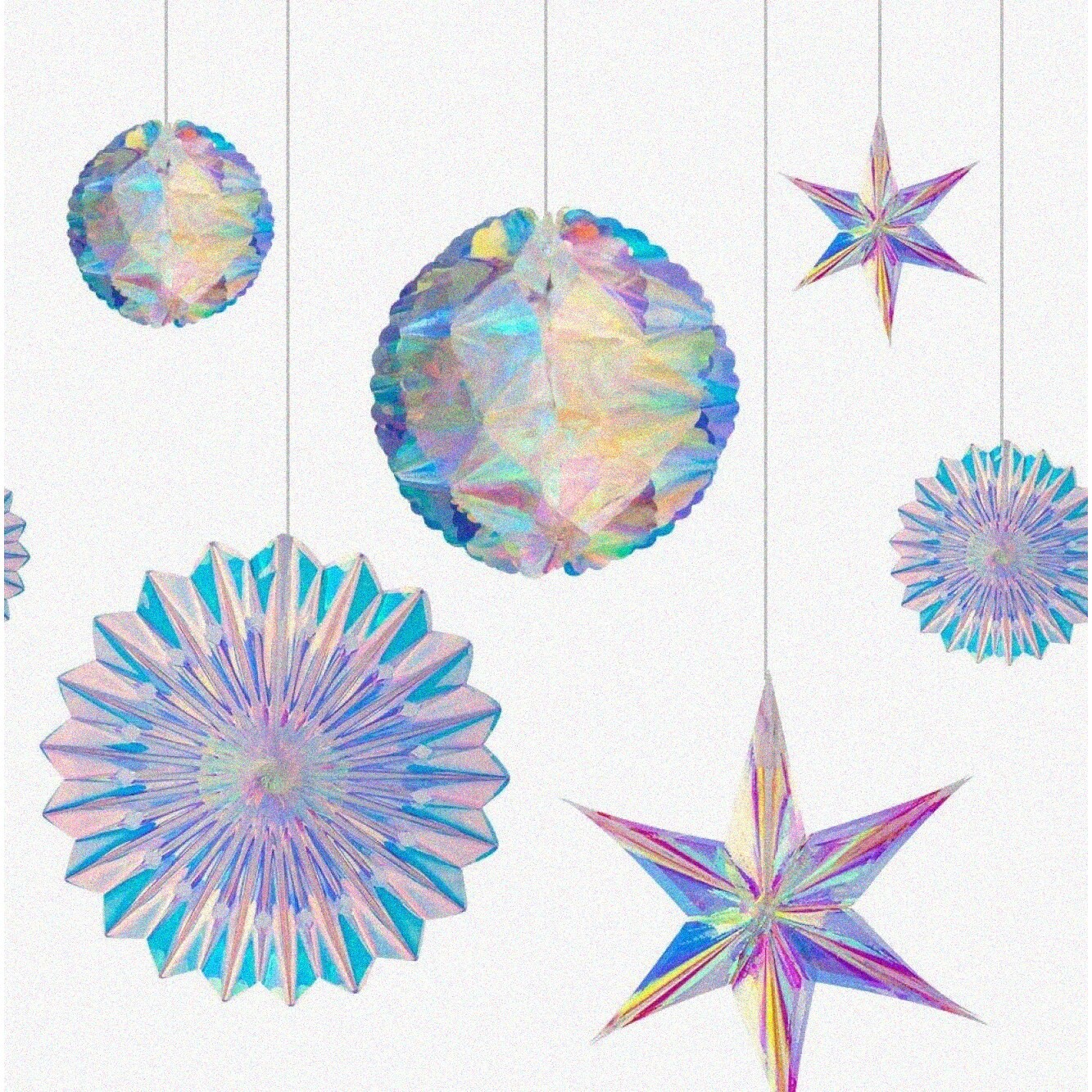 Iridescent Celebration Decorations with Honeycomb Balls and Paper Fans