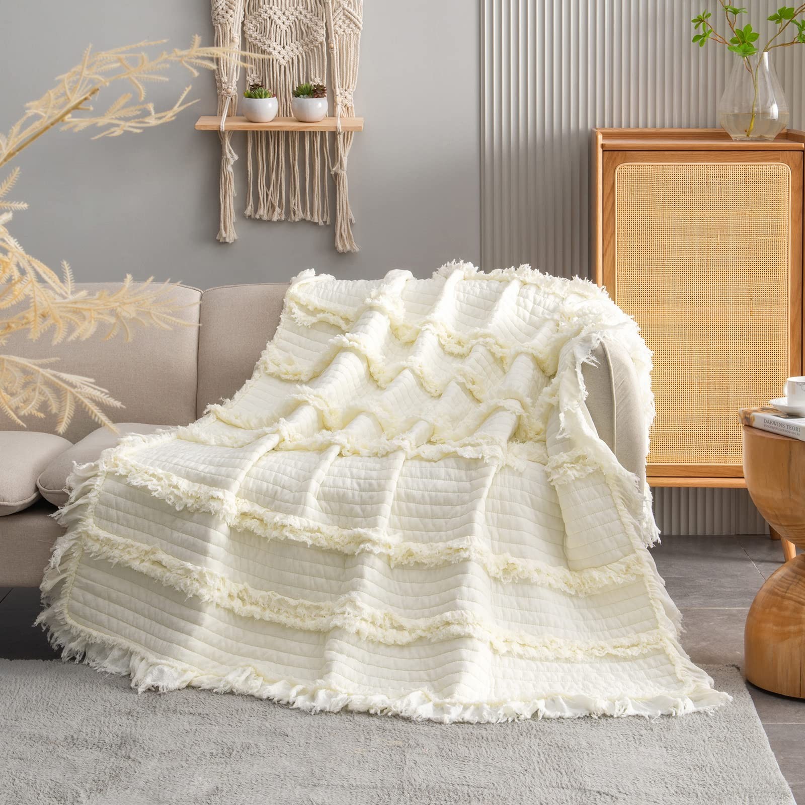 Pre-Washed Ultra Soft Quilted Cream King Size Blankets for Bed, Ruffle Fringe…
