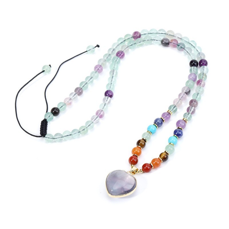 7 Chakra Crystal Heart Pendant Necklace, Healing & Balancing Beaded Necklace
