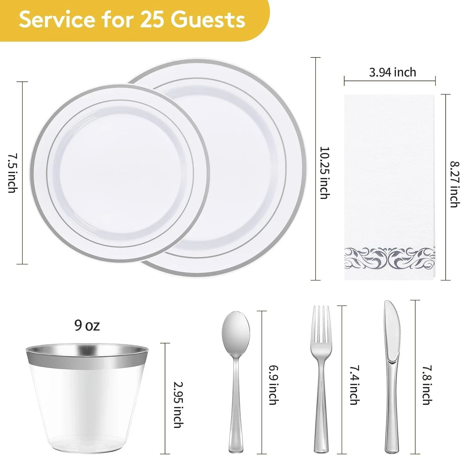 25 Guest Silver Plastic Dinnerware Set – Plates, Napkins, Cups & Utensils