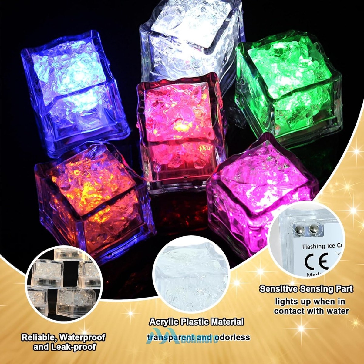 24Pcs LIGHT UP LED ICE CUBES Rainbow Color Flash Liquid Sensor for Drinks Party