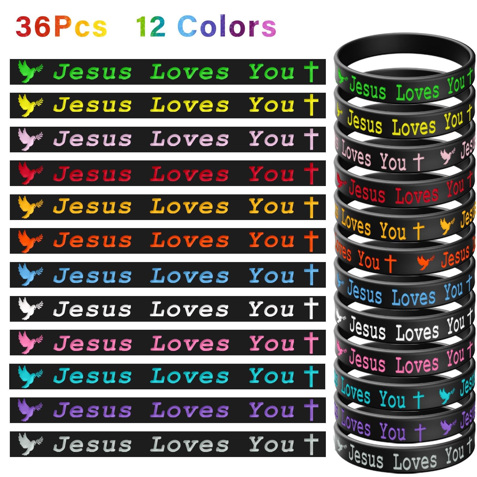 36 PCS Jesus Loves You Silicone Wristbands Colorful Rubber Bracelets Christian S