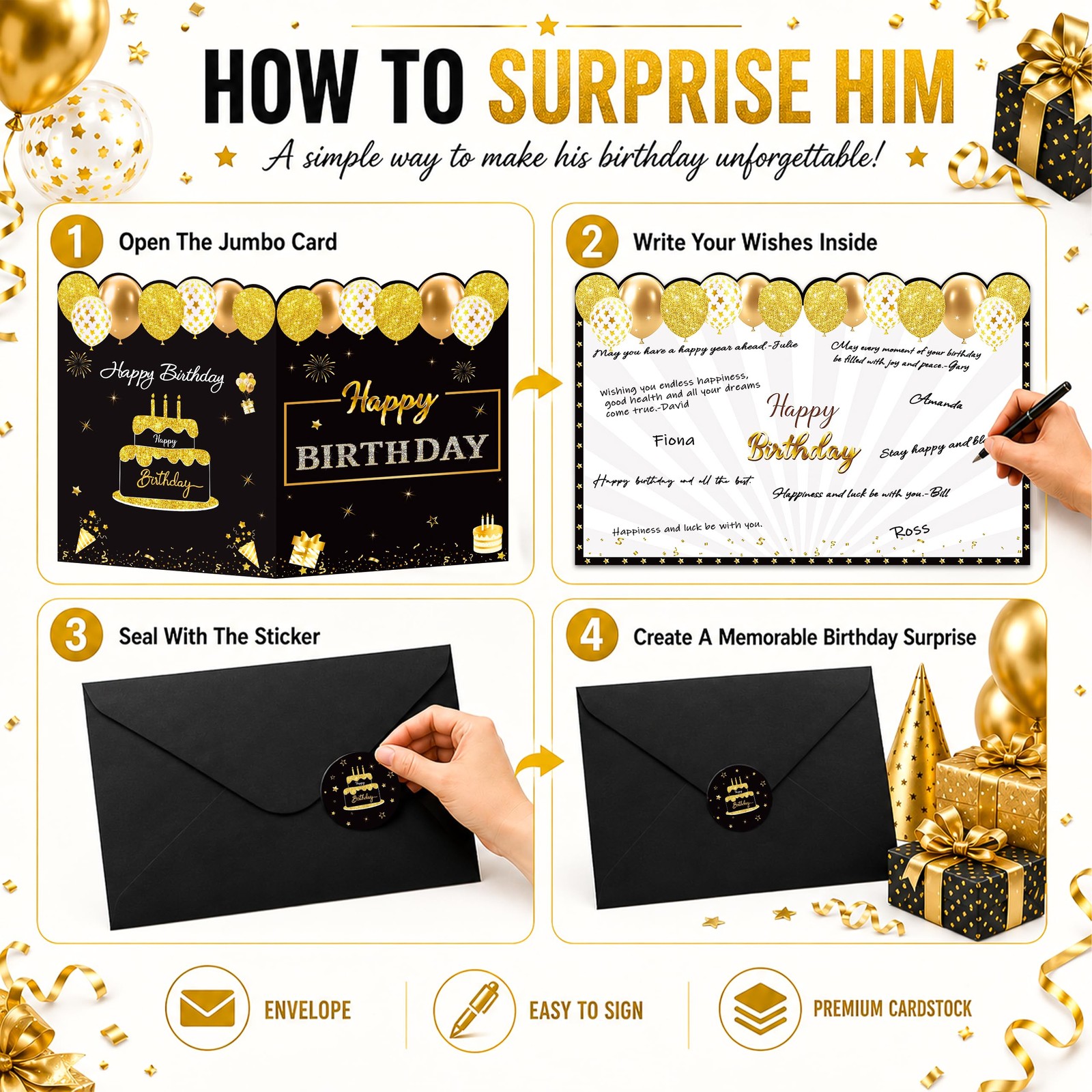 WNINK Jumbo Birthday Card with Envelope, Black 22 x 14 inches, Gold