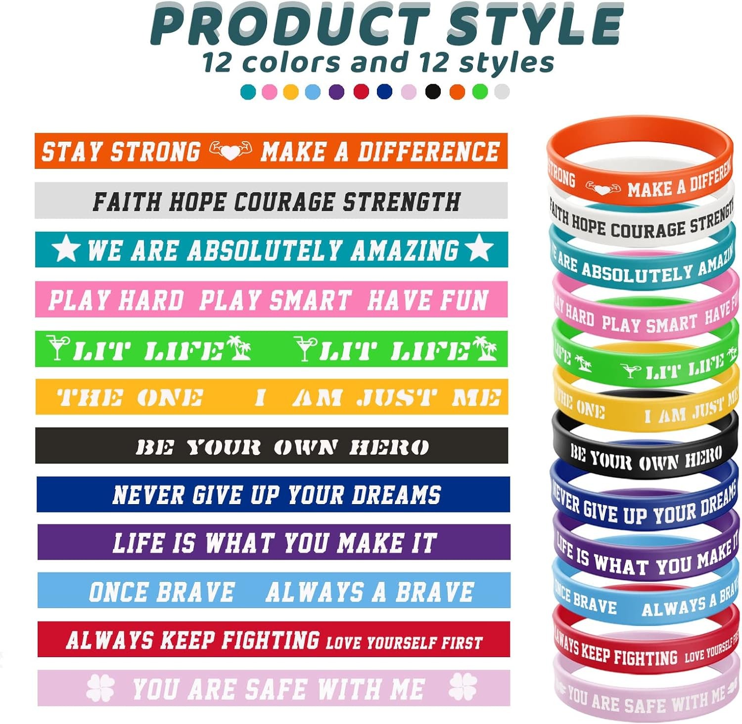 12 Pcs Inspirational Rubber Bracelet Motivational Quote Silicone Colorful