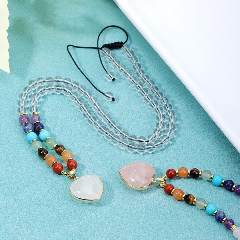 7 Chakra Crystal Heart Pendant Necklace, Healing & Balancing Beaded Necklace