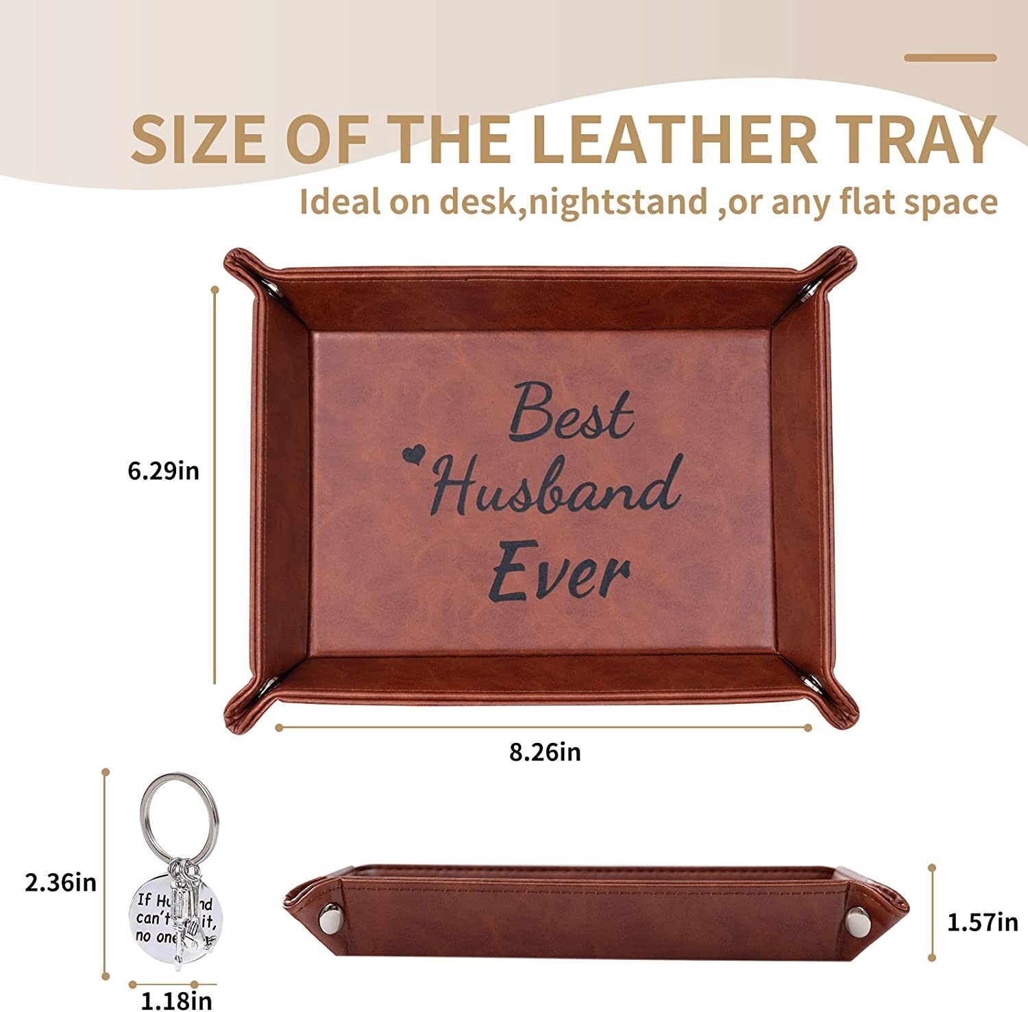 PU Leather Valet Tray Best Husband Ever w/ Keychain Gift Set Brown 10.6″x9″ Org