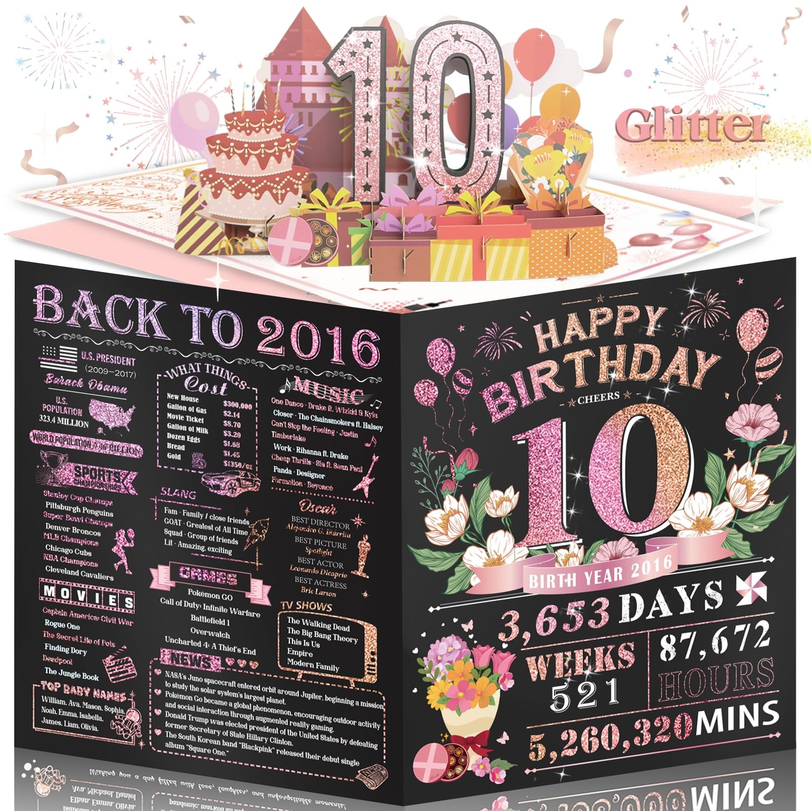 10th Birthday Card for Women Her, Large 3D Pop Up 10th, Pink