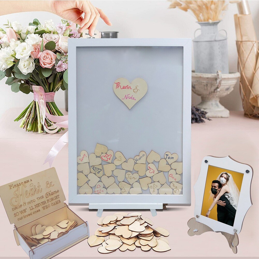 Wedding Guest Book Drop Top Guestbook Frame Display Easel Wooden Hearts BoxFrame