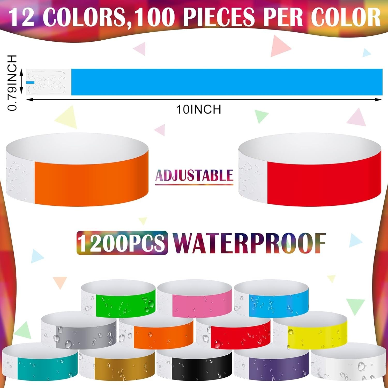 1200 pulseras plásticas para eventos, adhesivas, impermeables, colores mixtos