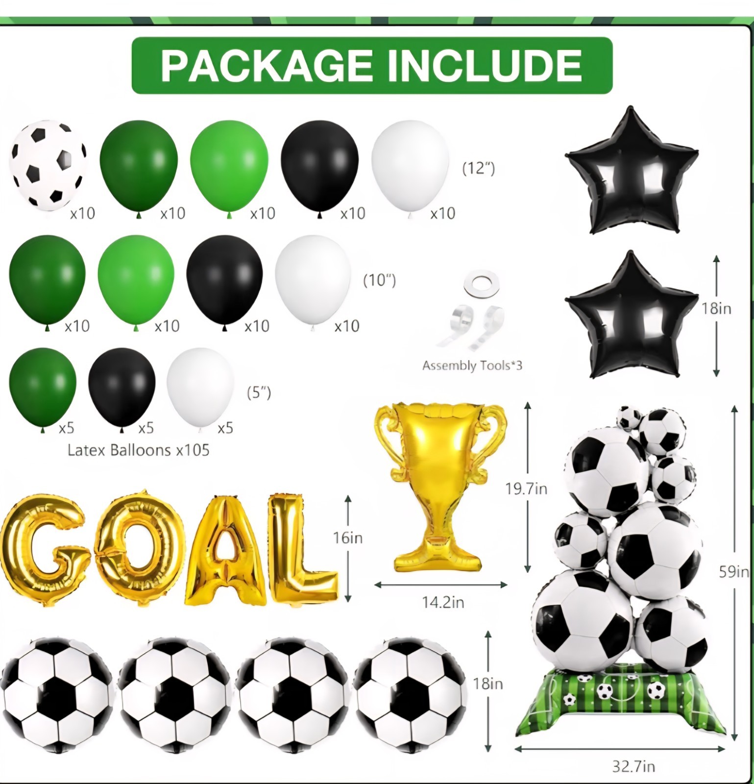 Soccer Balloon Garland Kit 105pcs – Trophy, Star, Ball Party Decor