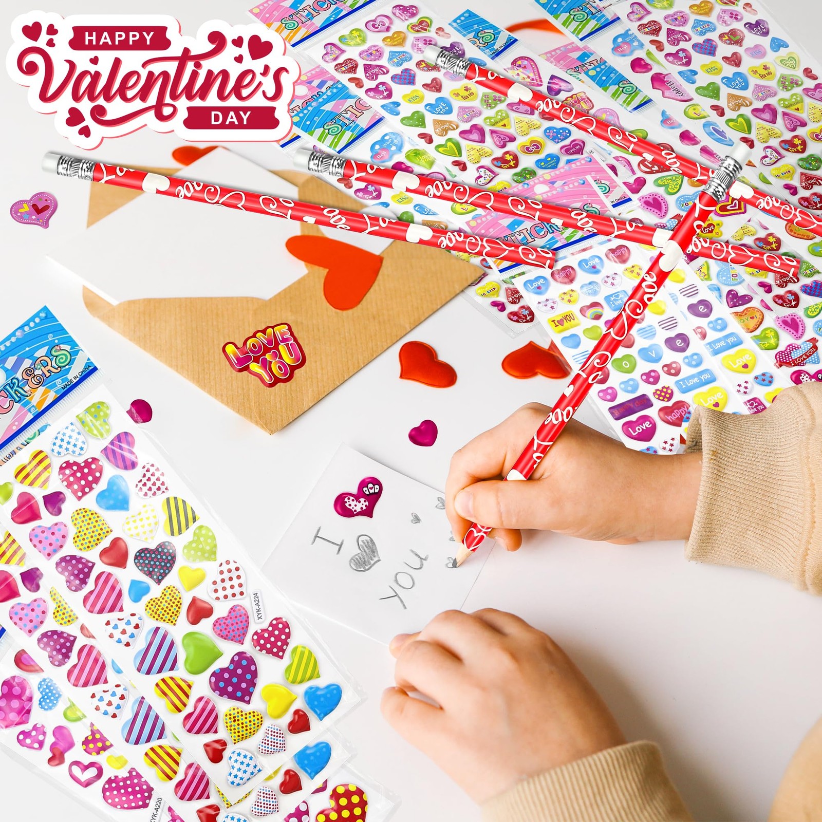 OHOME Valentines Day Gifts for Kids – 44 PCS Stationery Set Red,pink