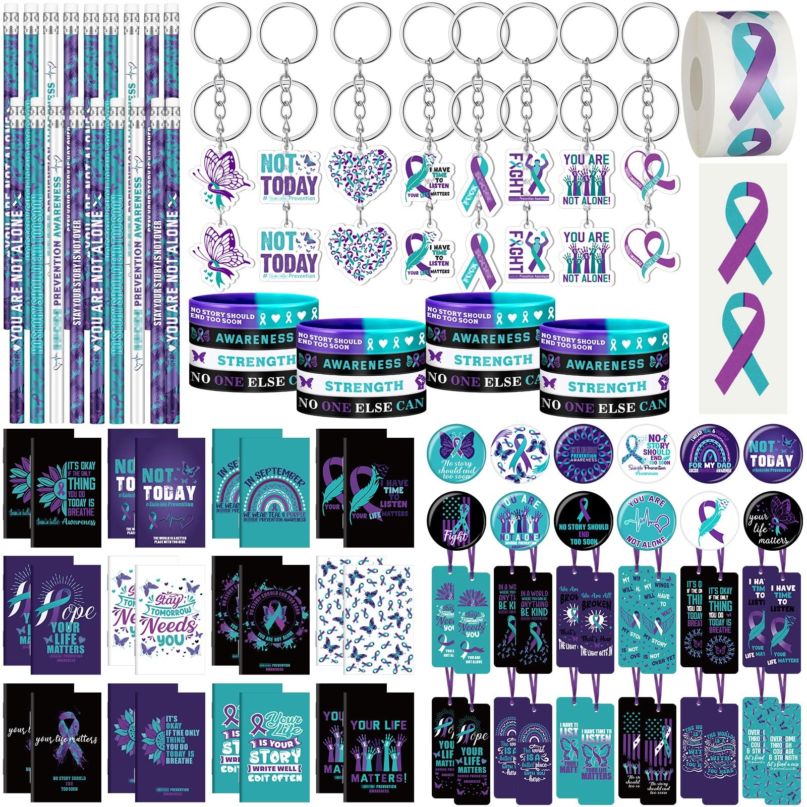24 Sets Suicide Prevention Awareness Items Include Purple Teal Ribbon Silicon…