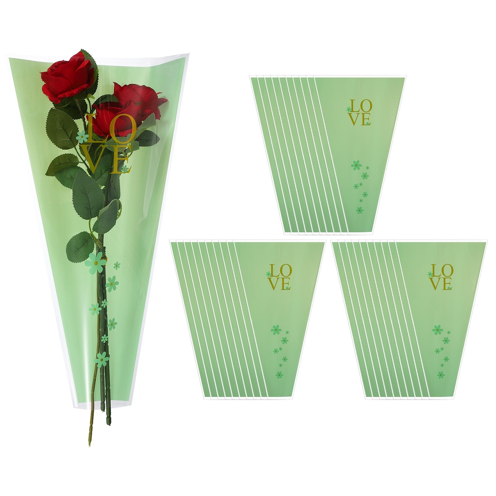 150 Pcs Plastic Rose Floral Bouquet Bags 17.7″ Flower Sleeves Bags, Green