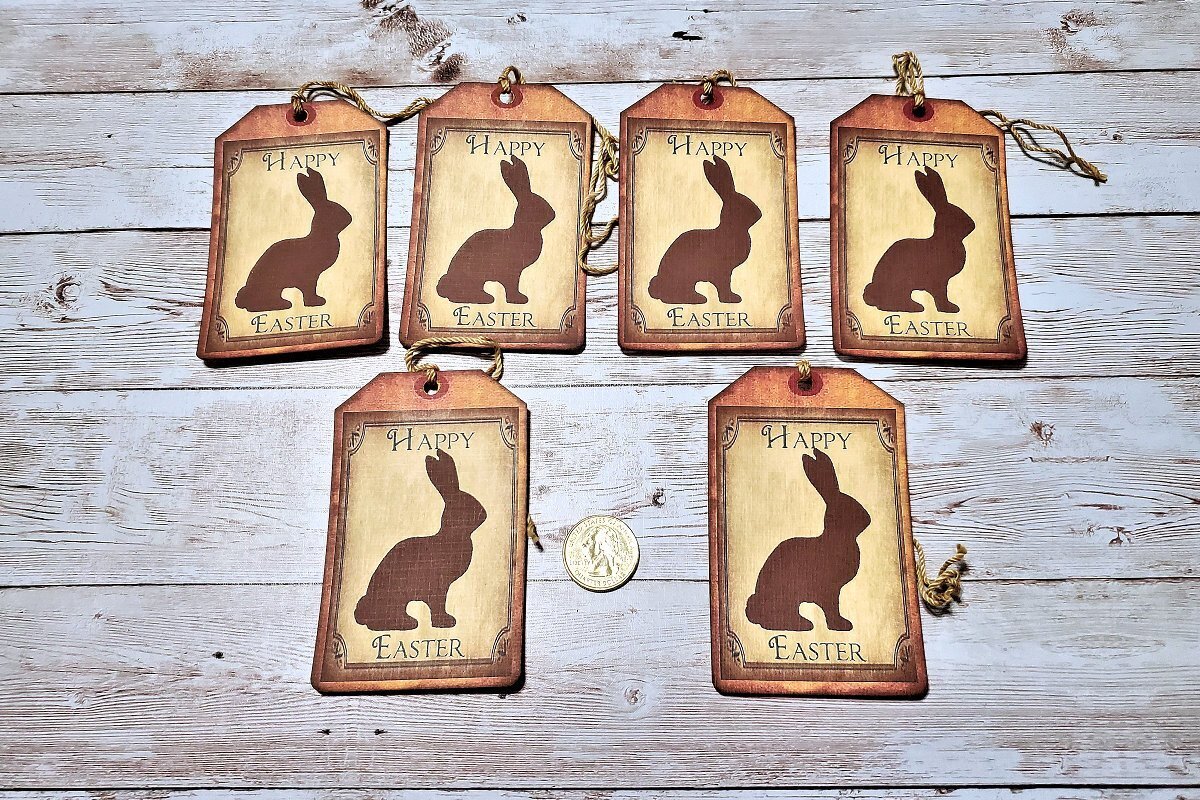 6~Easter~Primitive~Farmhouse~Rabbit~Bunny~Linen Cardstock~Gift~Hang~Tags