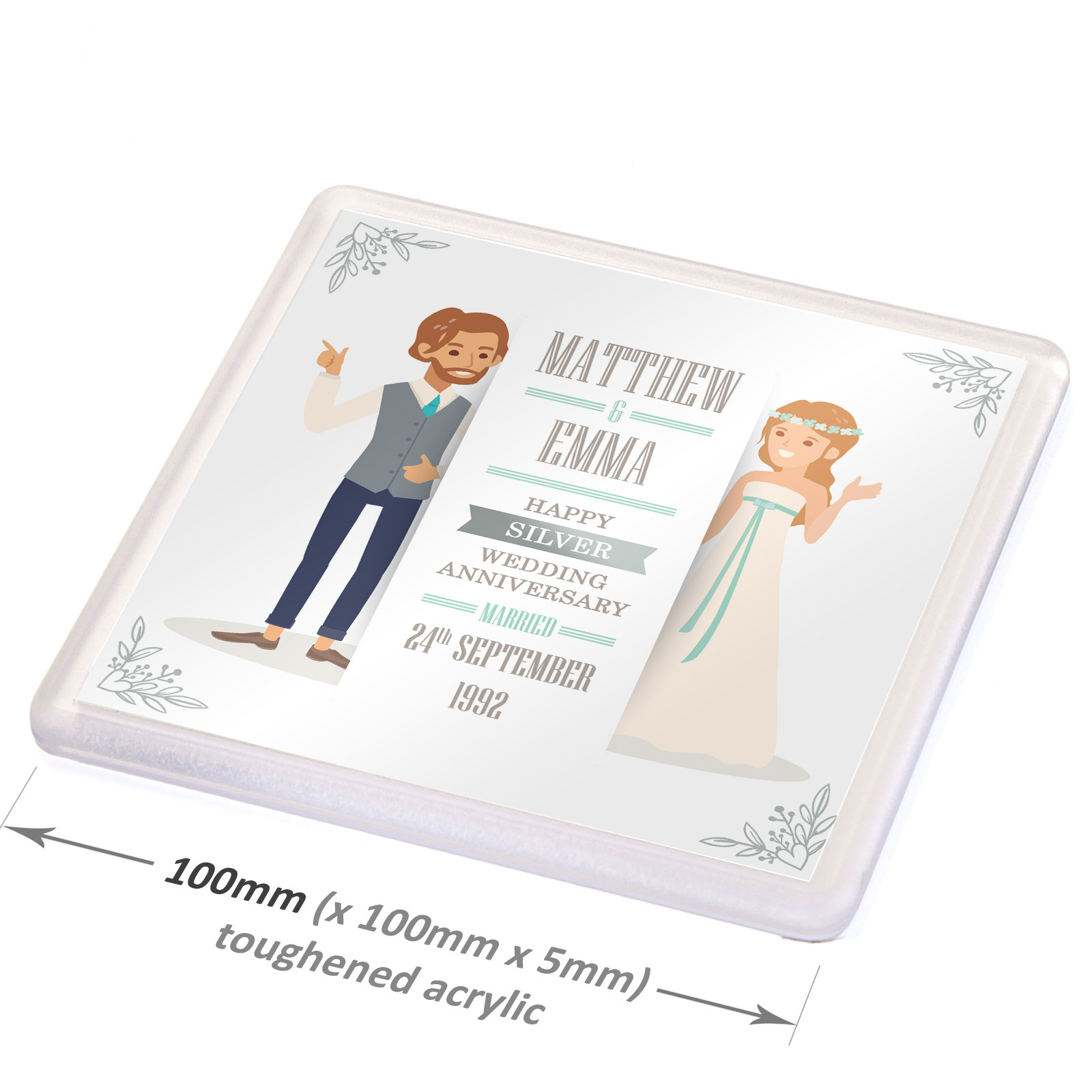 Personalised Silver 25th Wedding Anniversary Drinks Coaster Gift Present