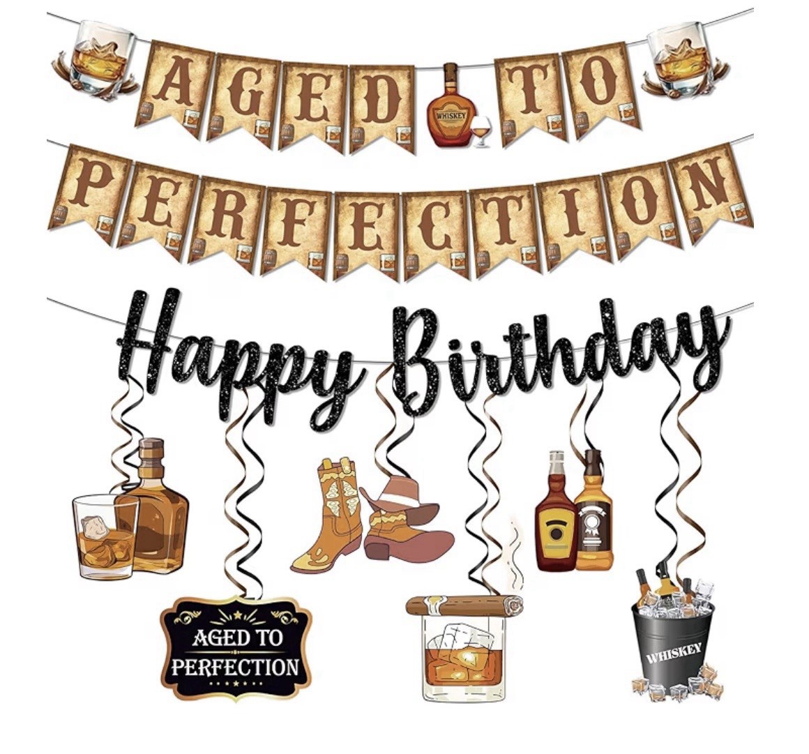 Aged to Perfection, Happy Birthday Banners Selection Whiskey Wine Beer Hanging