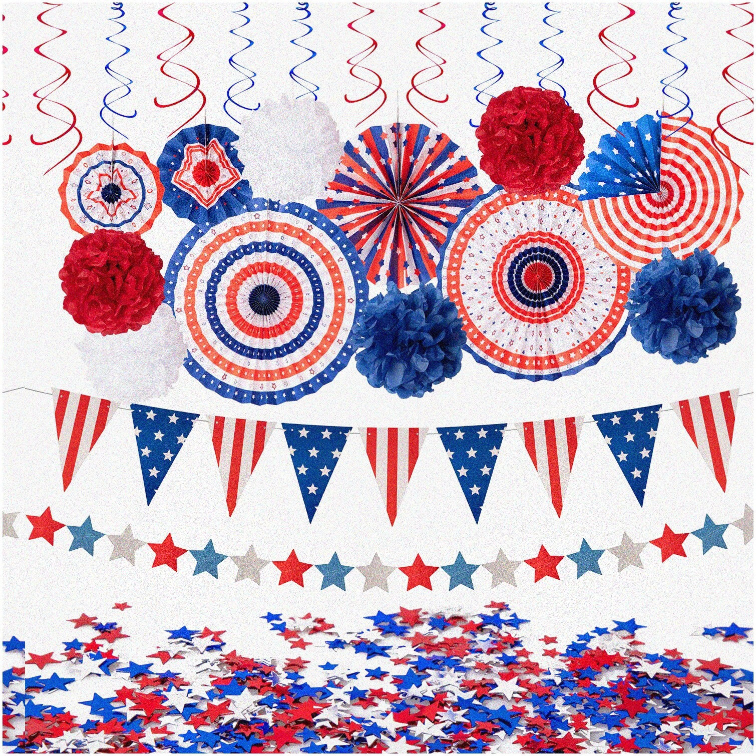 Red, White, and Blue Patriotic Party Decor Set with Flags and Stars