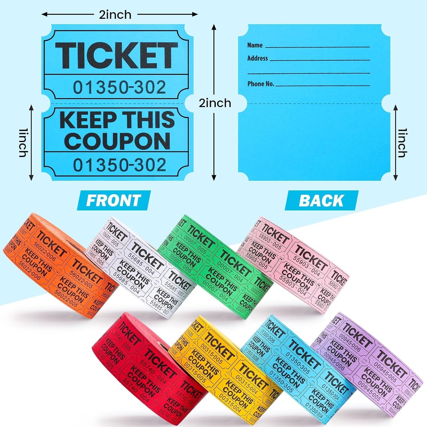 8000 Pairs Raffle Tickets, 50/50 Double Raffle Tickets Rolls, 8 Colors 1000 T…