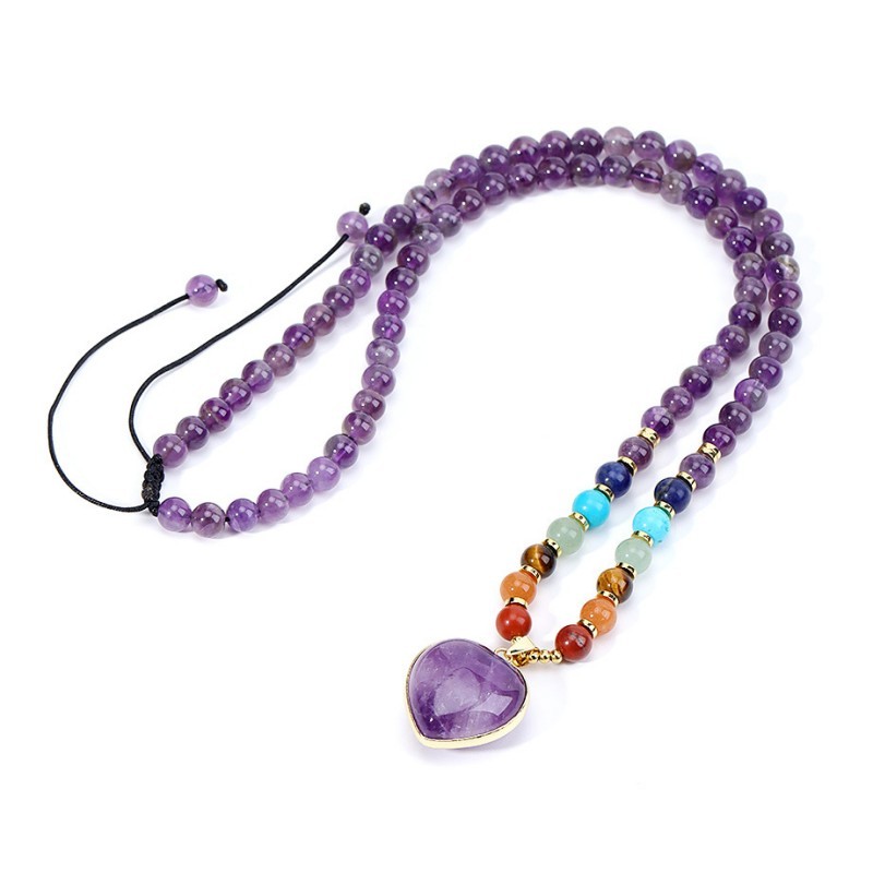 7 Chakra Crystal Heart Pendant Necklace, Healing & Balancing Beaded Necklace