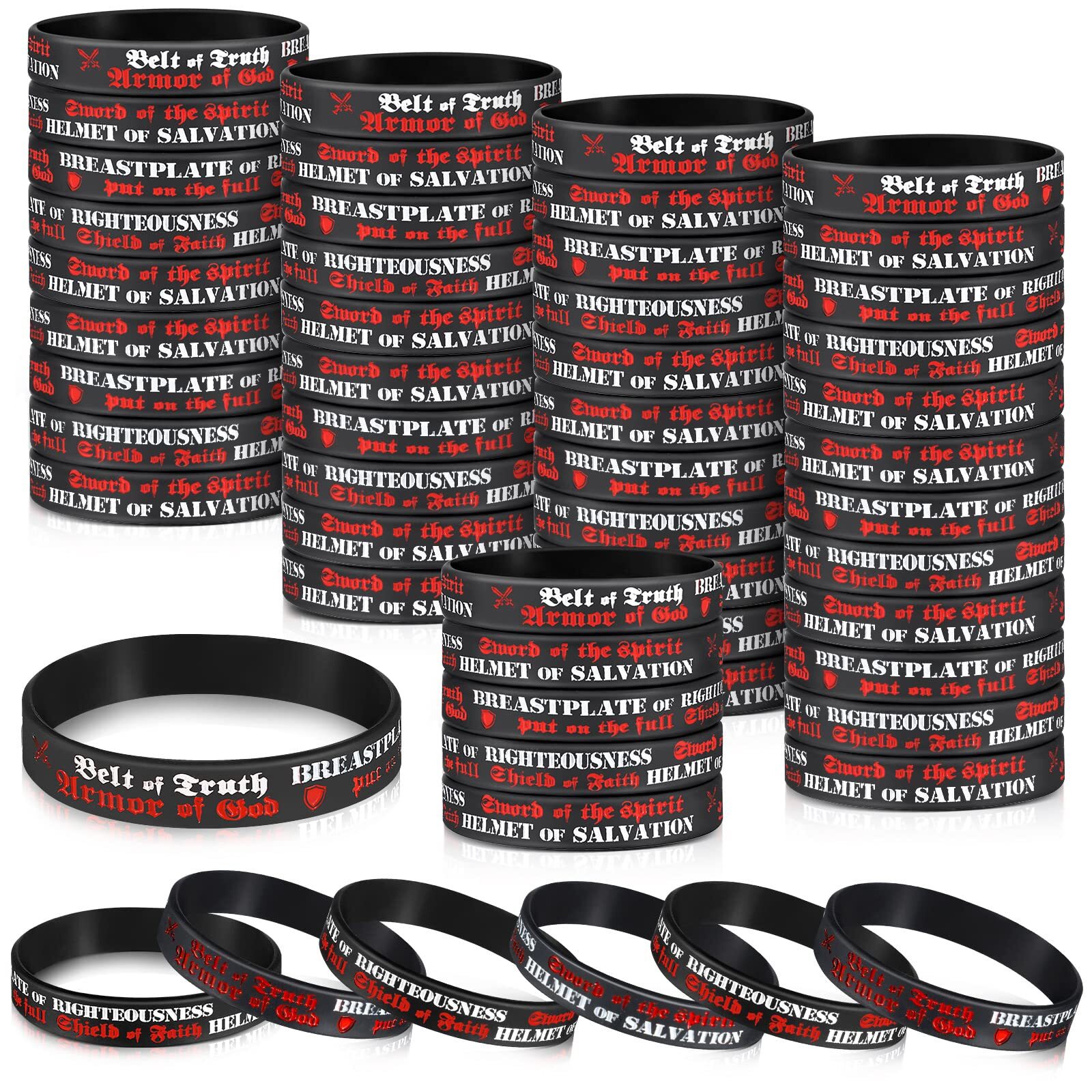60Pack Armor of God Silicone Bracelets Ephesians 6:10-18 Bible Verse Wristband