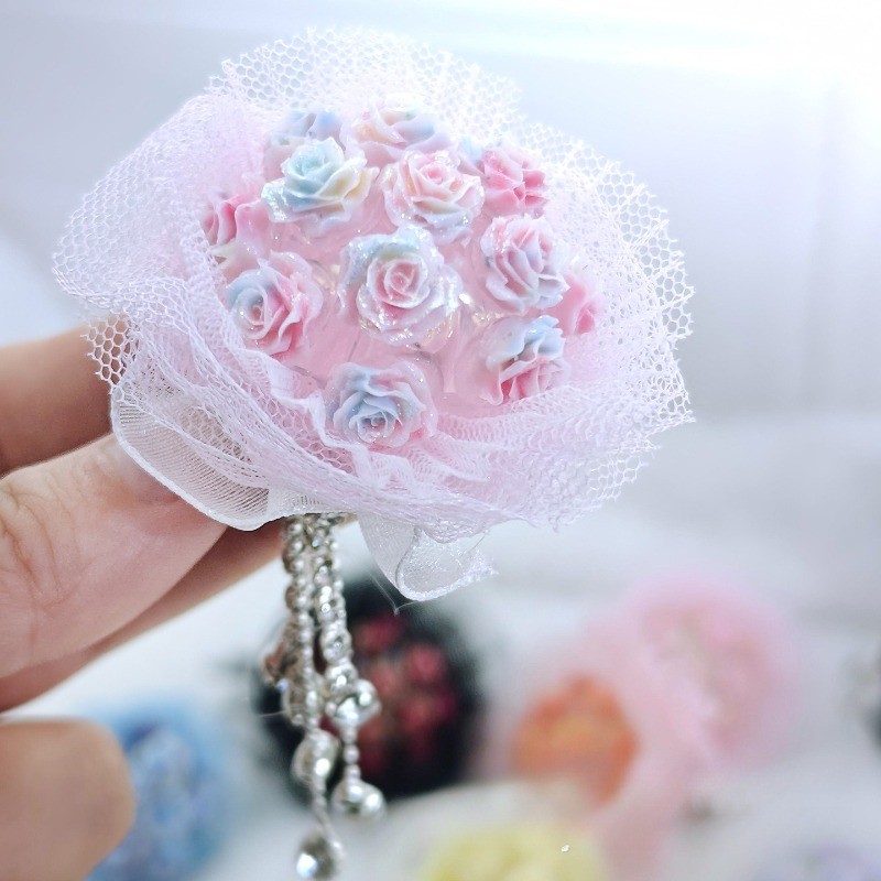 1PC Handmade Beaded Pens Decor with Hole Fringe Chain DIY Mini Lace Rose Bouquet