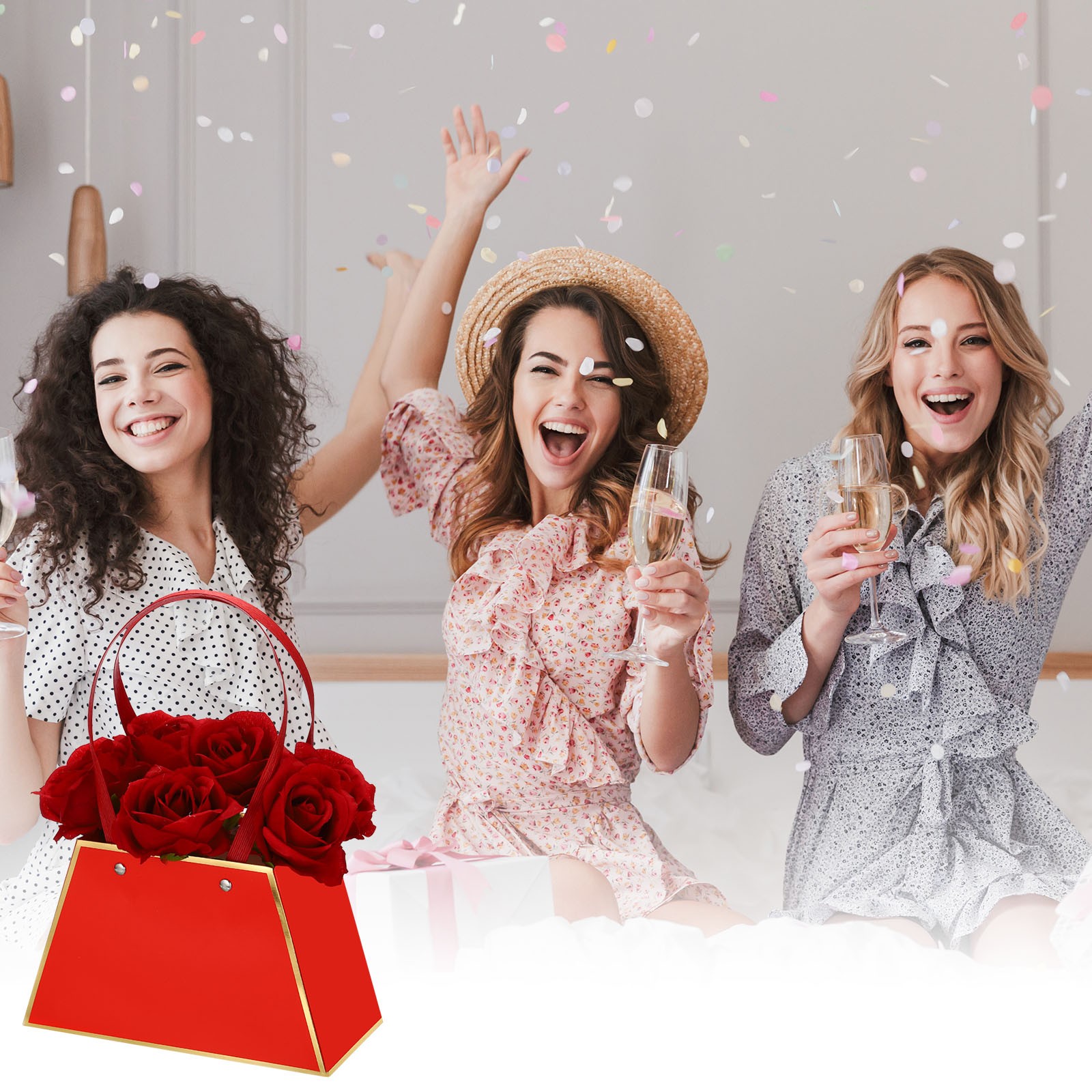 Paper Flower Gift Bags, 12 Pcs Paper Bouquet Flower Gift Bag with Handle,Red