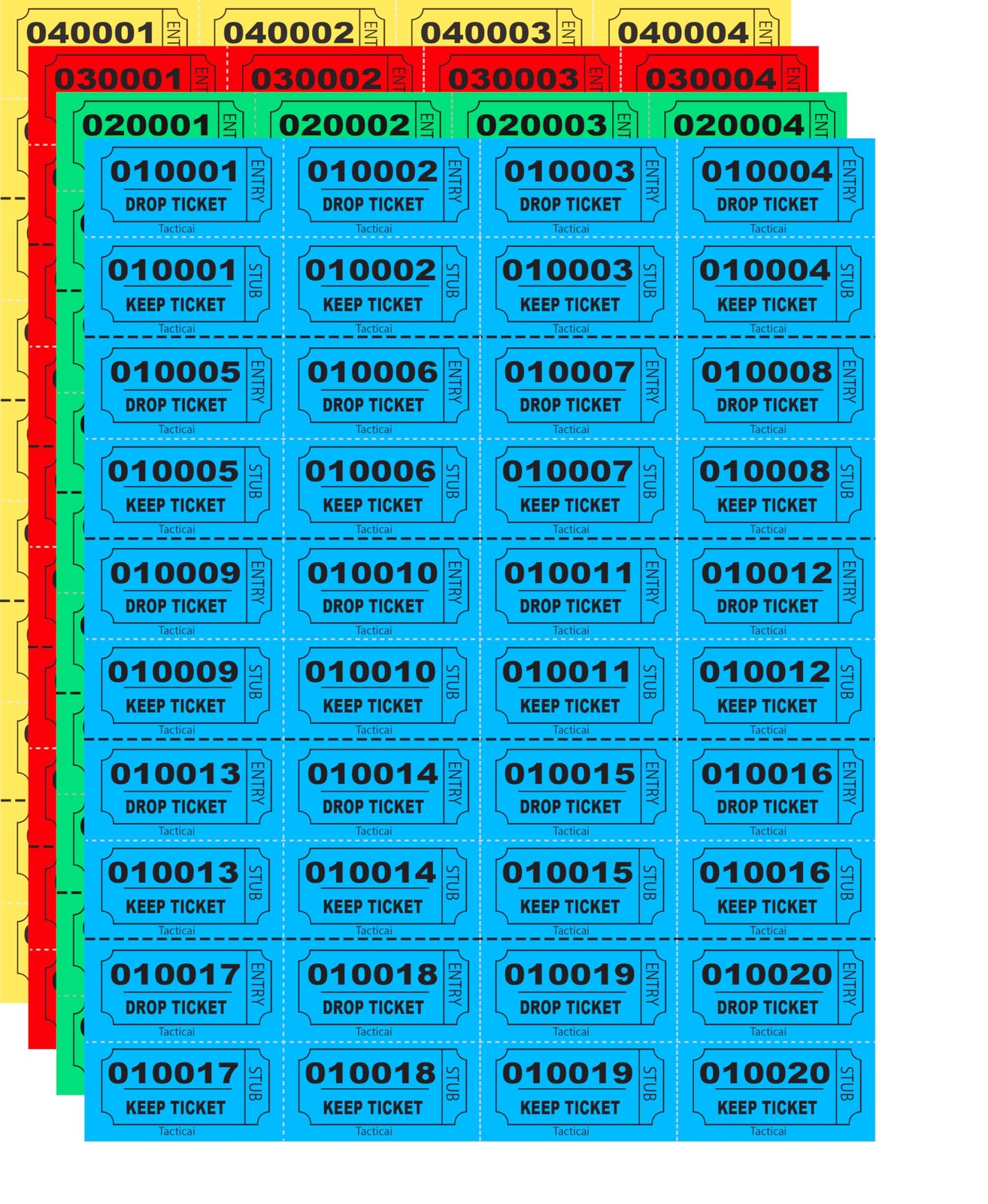 800 PCS Raffle Tickets 200 Each Blue Green Red Yellow Double Stub Events