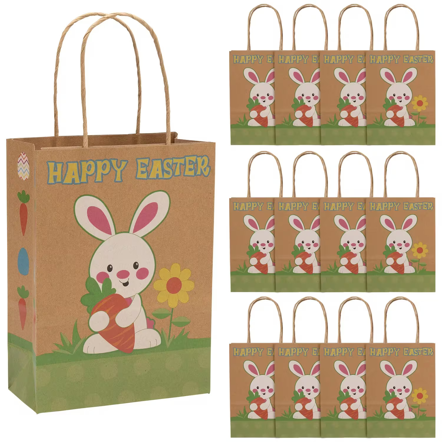 Fun Express Charming Easter Kraft Paper Gift Bags – 12 Pc. with Bunny Design
