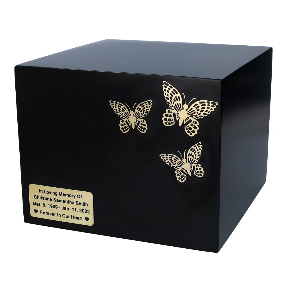 Black urn with butterflies box-shaped cremate urn for adult full size ashes box
