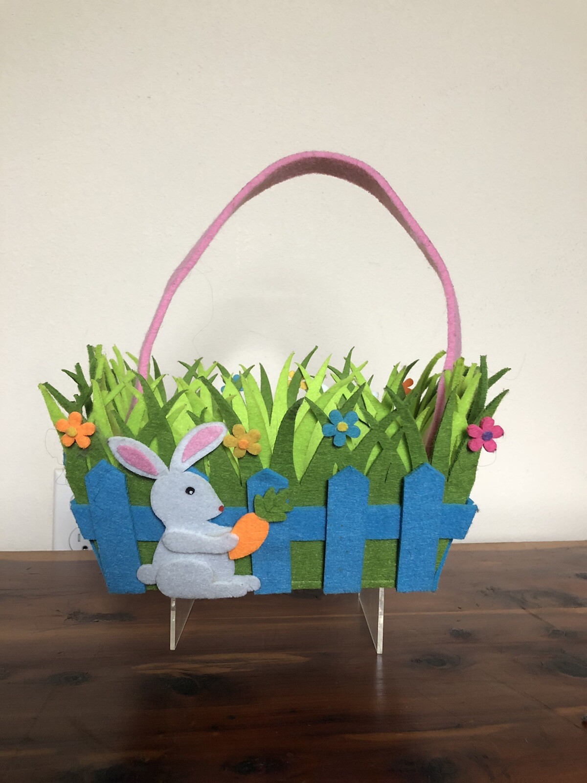 Easter Basket Soft Fabric Felt Bright Colors Bunny Grass & Flowers Decor Bucket