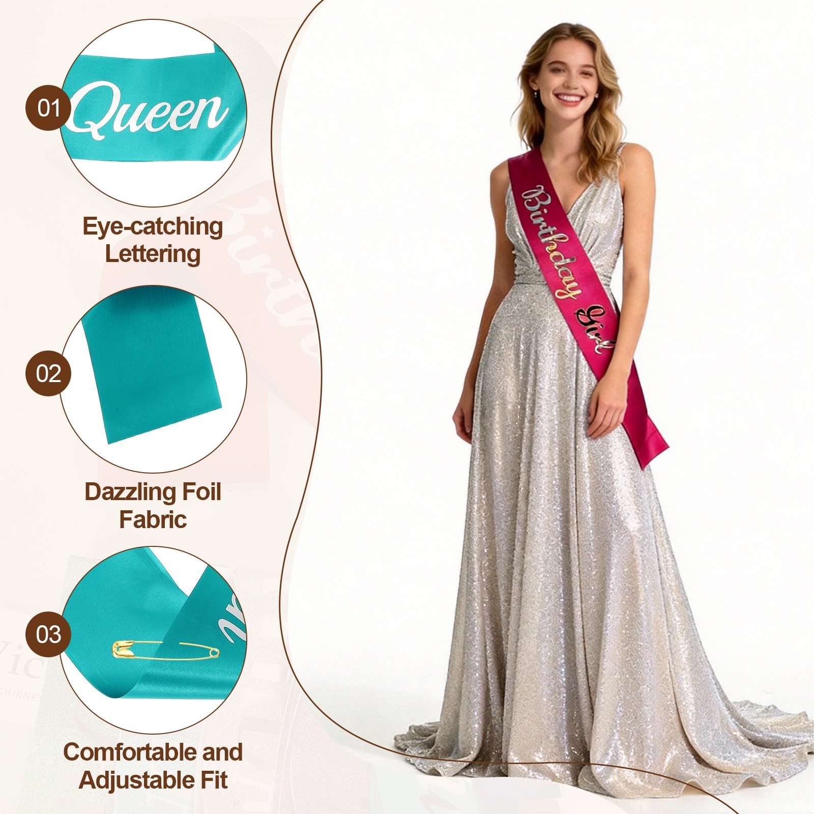 Birthday Queen Sash with Pin Silver Foil Lettering for Birthday Party, Green
